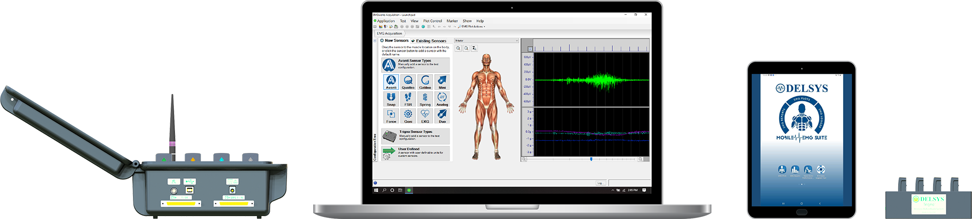 Male running on treadmill, wearing Trigno Avanti sensors